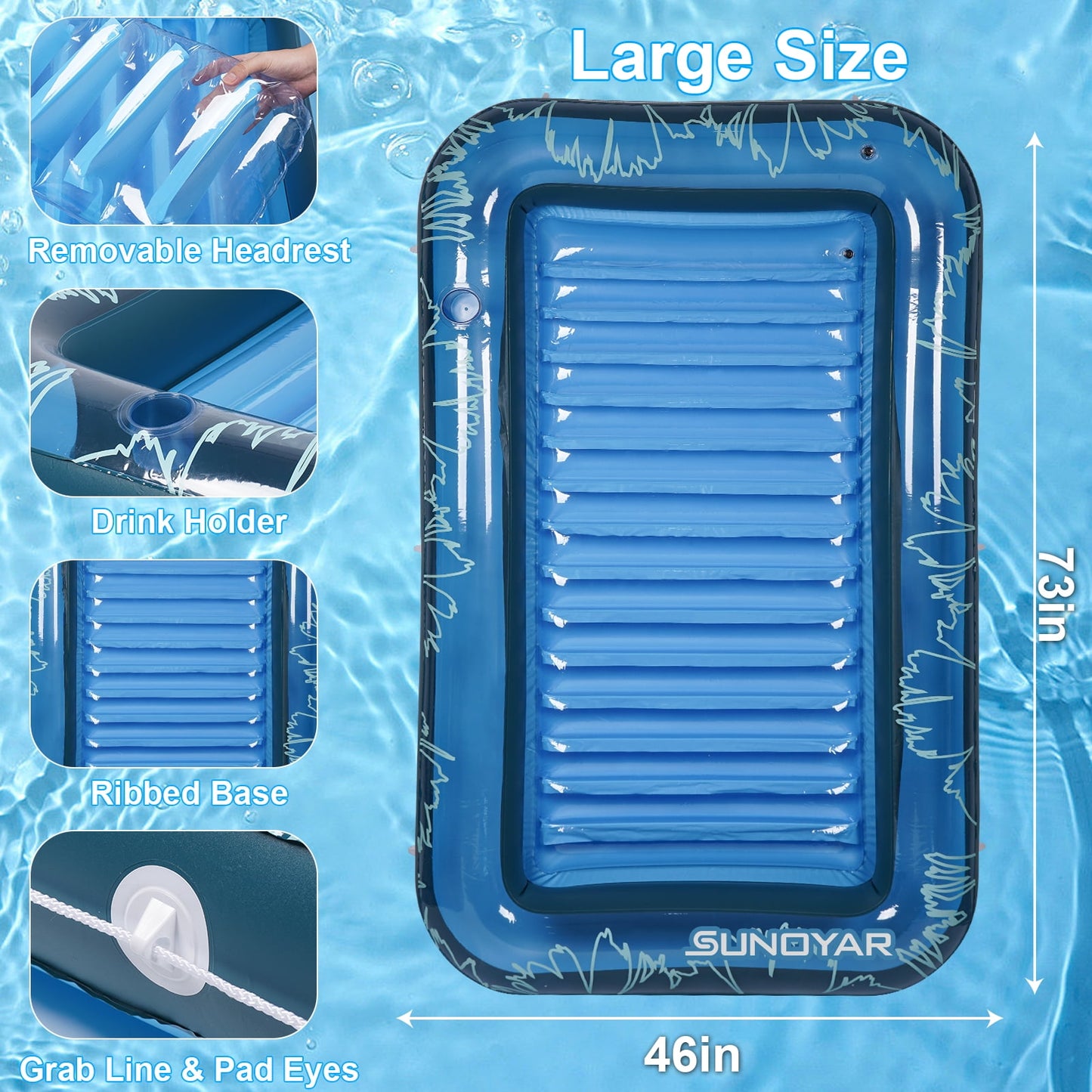 SUNOYAR Pool Floats Adult, 73" x 46" Inflatable Tanning Pool Lounger Float, Large Suntan Tub Sunbathing Raft for Adults & Kids with Pillow and Cup Holder, Blue