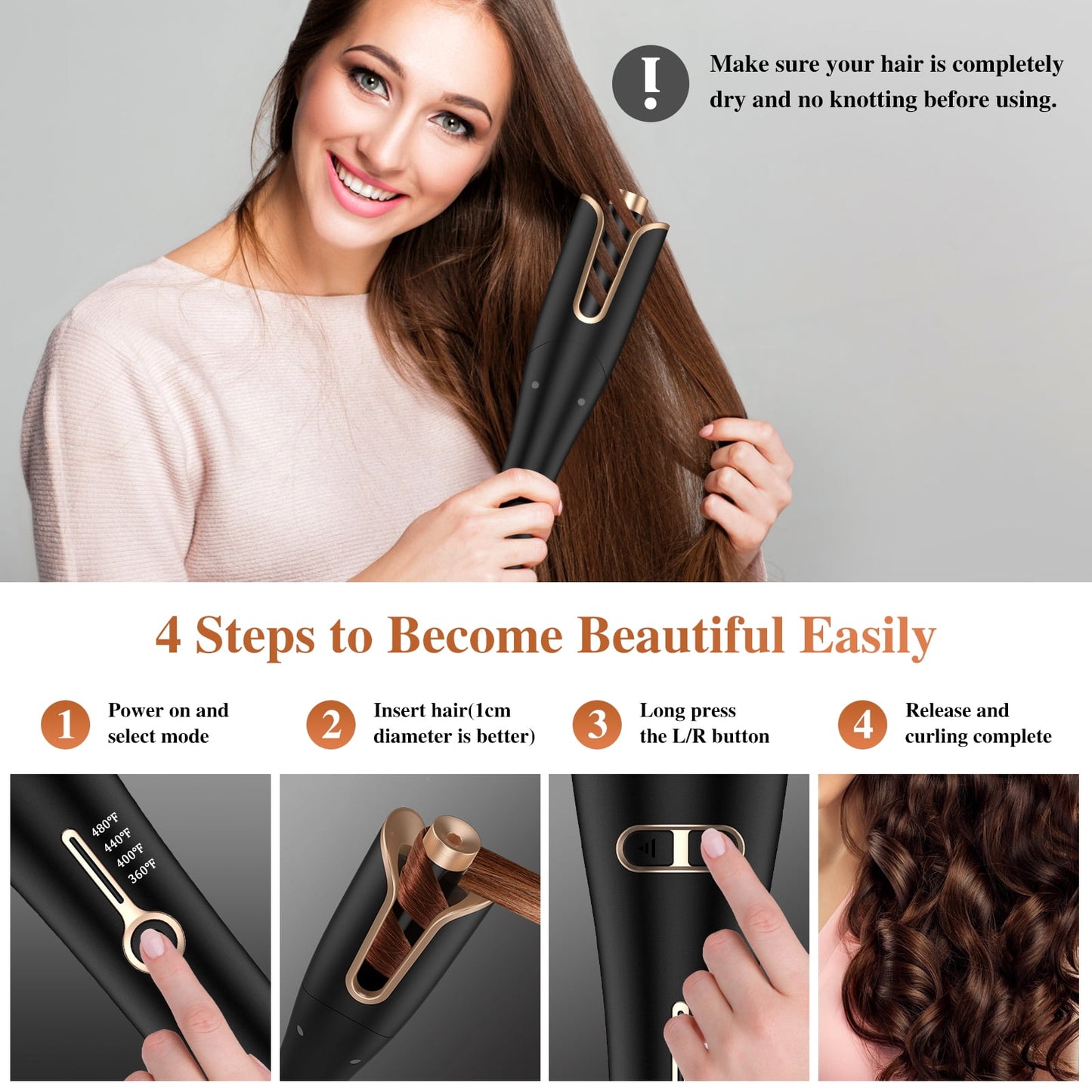NEXPURE Curling Iron, Professional Automatic Hair Curler with 1" Large Rotating Barrel, Gold