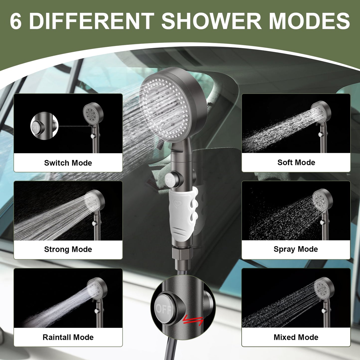 SUNOYAR Portable Camping Shower, 5200mAh Rechargeable Portable Shower Pump with Dry-Run Prevention & 6 Modes for Camping, Hiking, Travel, Beach, Washing, Pet Bath