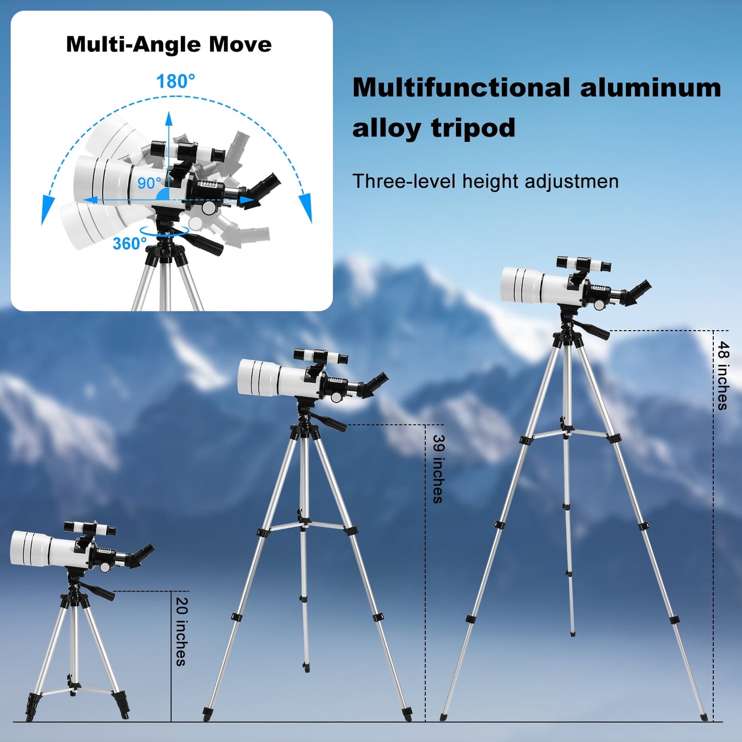 SUNOYAR Telescope, 70mm Telescopes for Adults & Kids, 300mm Refractor Telescope (15X-150X) with Adjustable Tripod for Astronomy Beginners, Gift for Kids