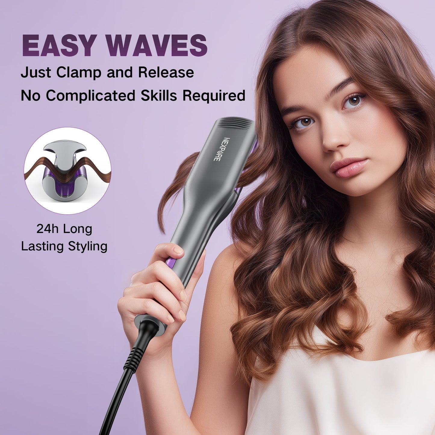 Curling Iron Hair Curler Waver, NEXPURE Crimper Hair Tool, Ionic Deep Waver Curling Wand with Ceramic 3 Barrel for Women, Anti-Scald, Purple, 1.25 Inch