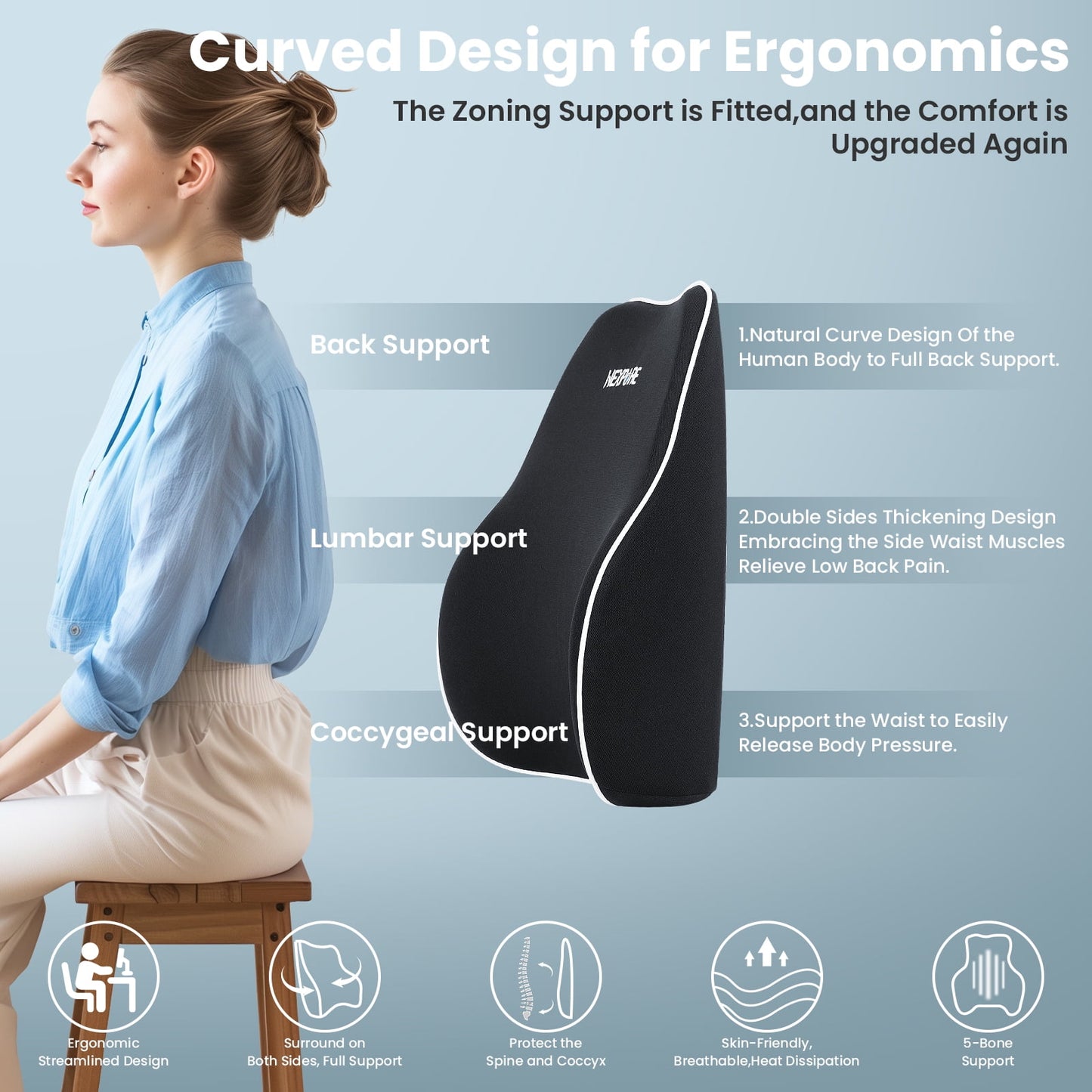 NEXPURE Lumbar Support Pillow, Soft Comfort Back Support Pillow for Office Chair, Car, Sofa - Black