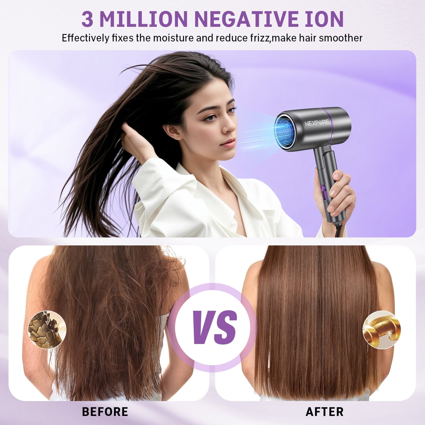 NEXPURE Ionic Hair Dryer, 1300W Professional Blow Dryer with Nozzle, for Frizz Control, Home, Salon, Travel, Purple