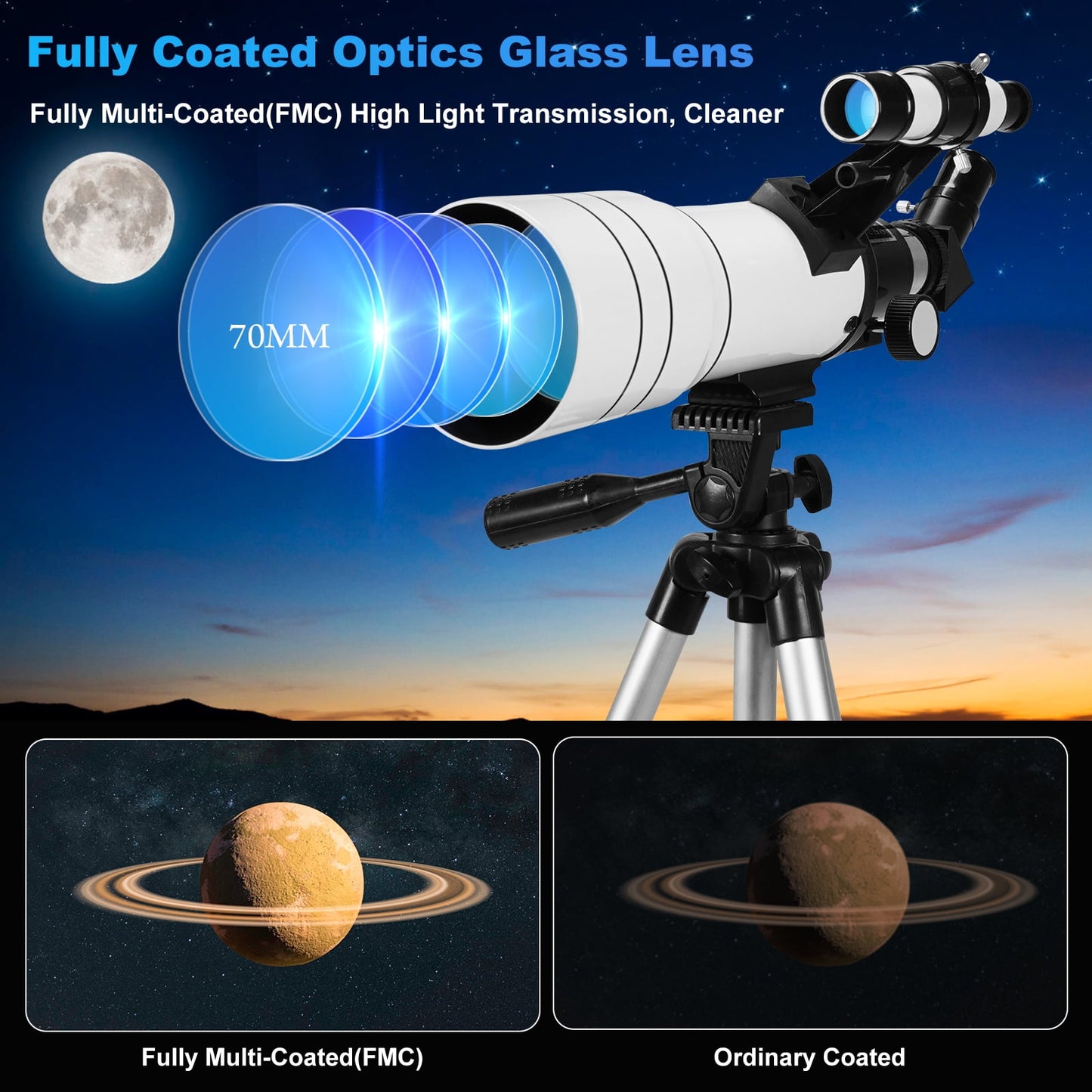 SUNOYAR Telescope, 70mm Telescopes for Adults & Kids, 300mm Refractor Telescope (15X-150X) with Adjustable Tripod for Astronomy Beginners, Gift for Kids