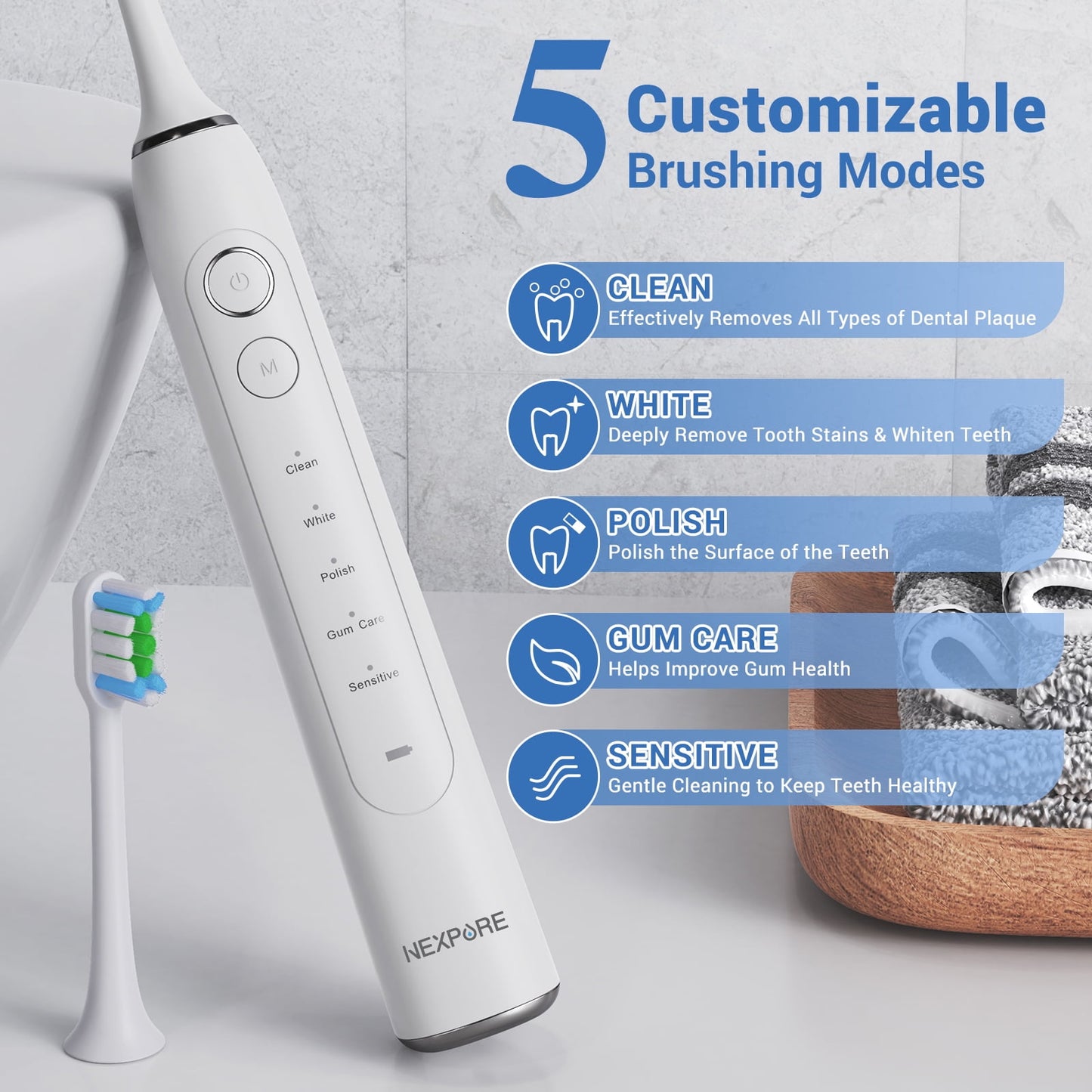 NEXPURE Sonic Electric Toothbrush for Adults and Kids, 5 Modes, 48,000 VPM, Smart Timer, Fast Charging, 60-Day Battery, 4 Brush Heads, White