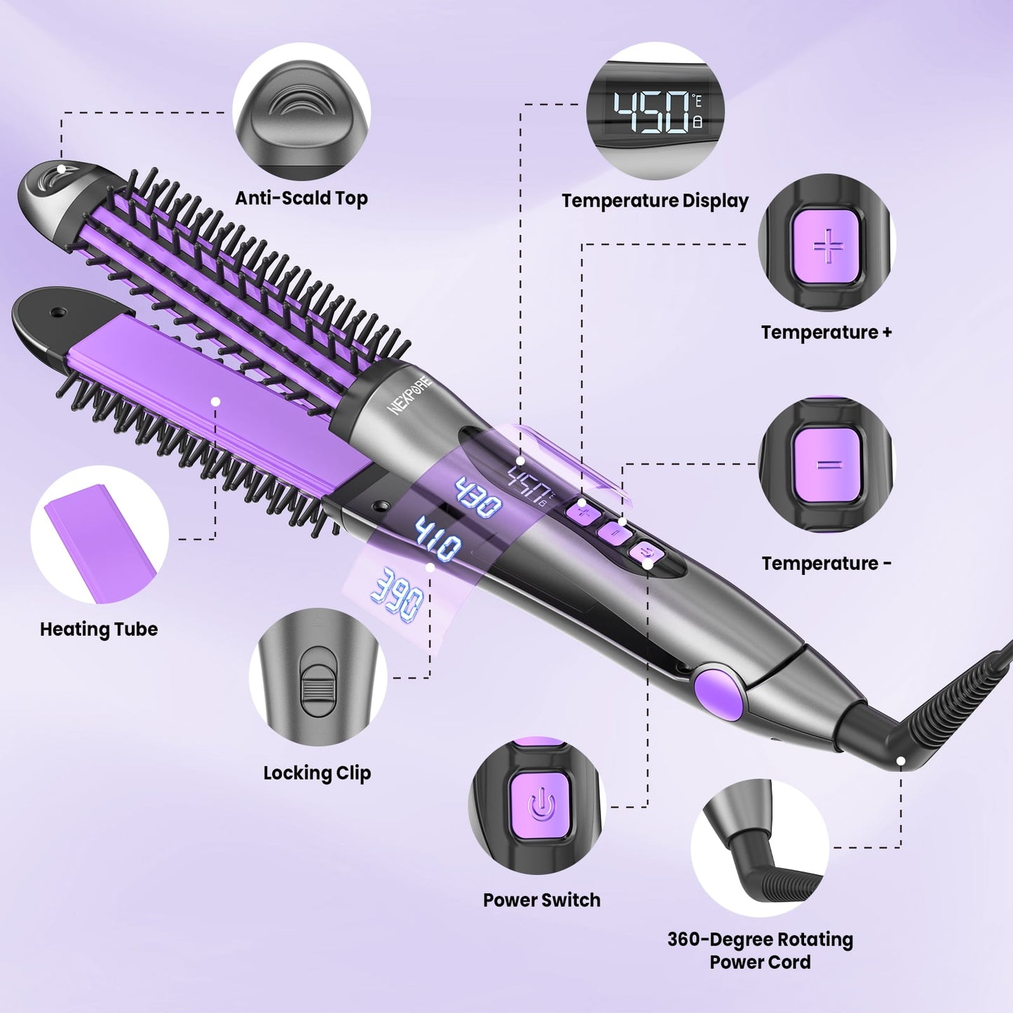 NEXPURE Curling Iron, Anti-Scald Curling Brush 30s Rapid Heating, 2 in 1 Flat Iron Hair Straightener & Curler, 11 Temperature Settings, Purple
