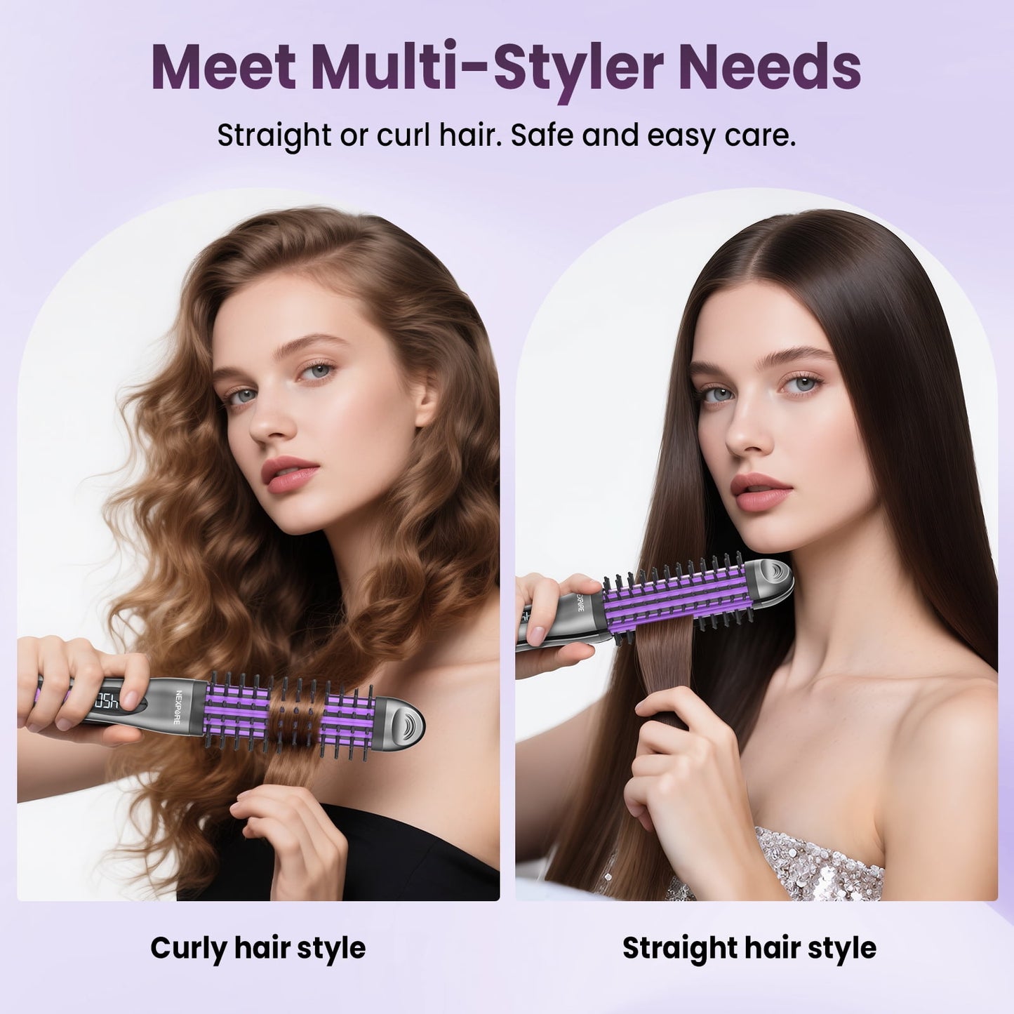 NEXPURE Curling Iron, Anti-Scald Curling Brush 30s Rapid Heating, 2 in 1 Flat Iron Hair Straightener & Curler, 11 Temperature Settings, Purple