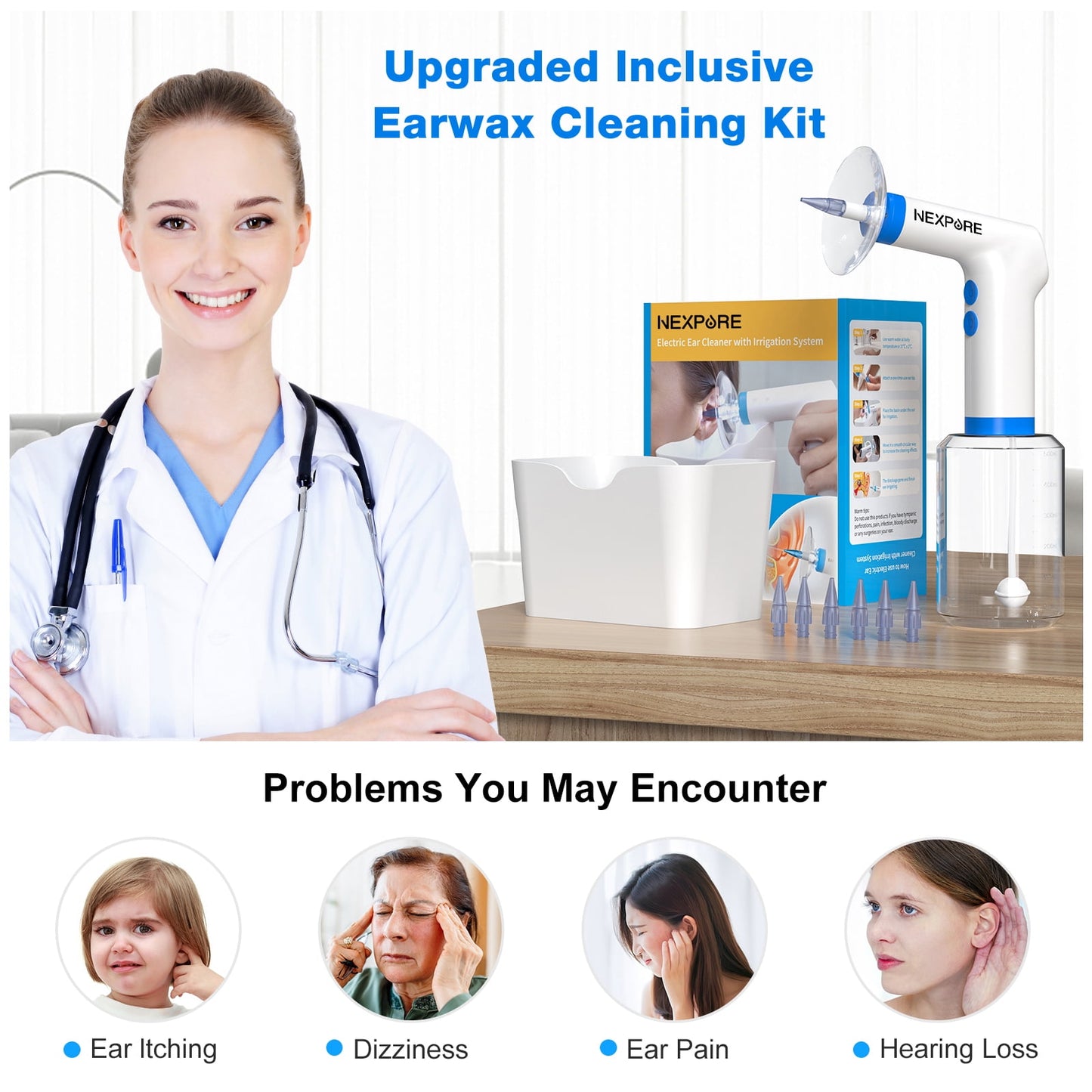 NEXPURE Ear Wax Removal, Ear Cleaning Kit,4 Cleaning Modes, One-Touch Start Water Spray,5 Ear Tips & Ear Basin