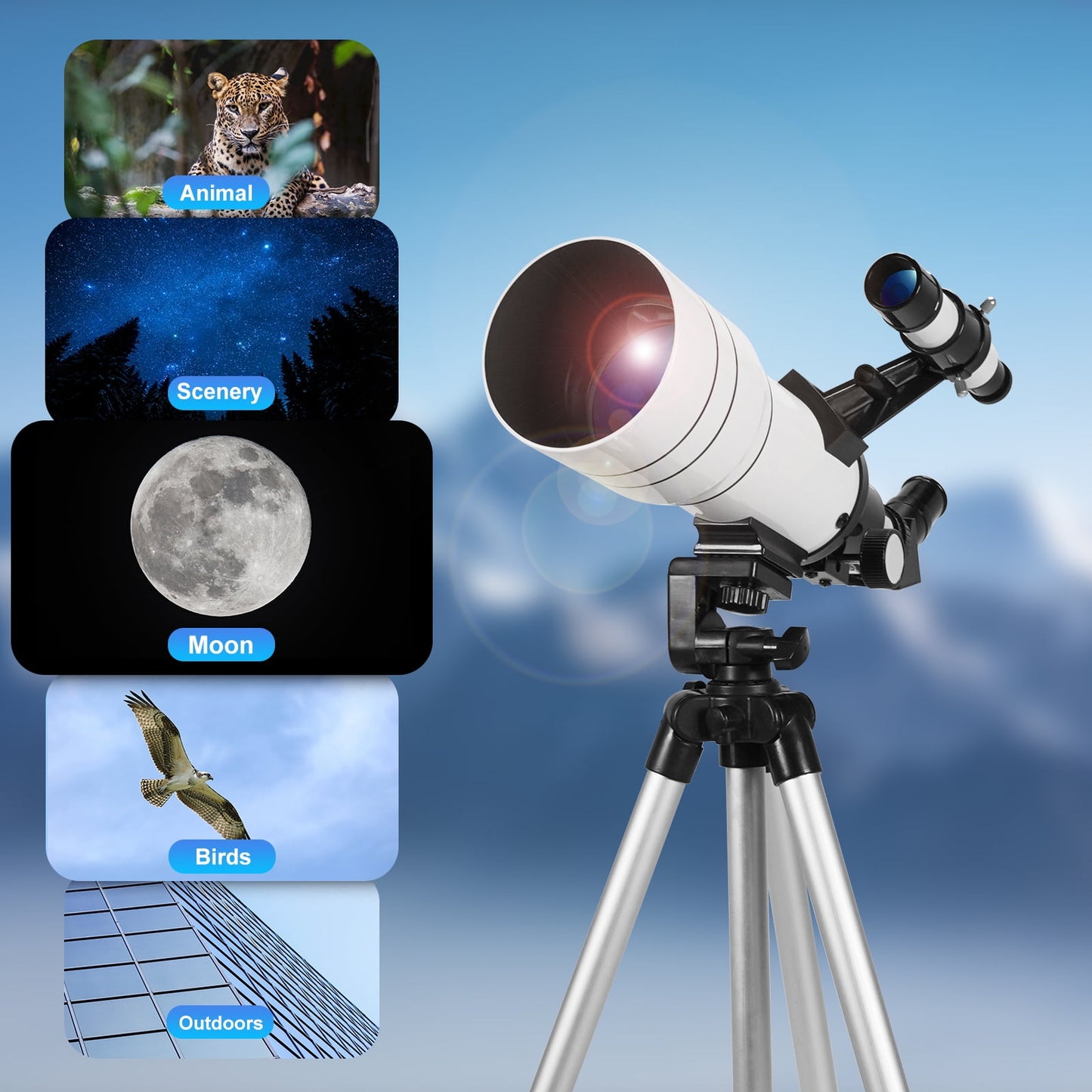 SUNOYAR Telescope, 70mm Telescopes for Adults & Kids, 300mm Refractor Telescope (15X-150X) with Adjustable Tripod for Astronomy Beginners, Gift for Kids
