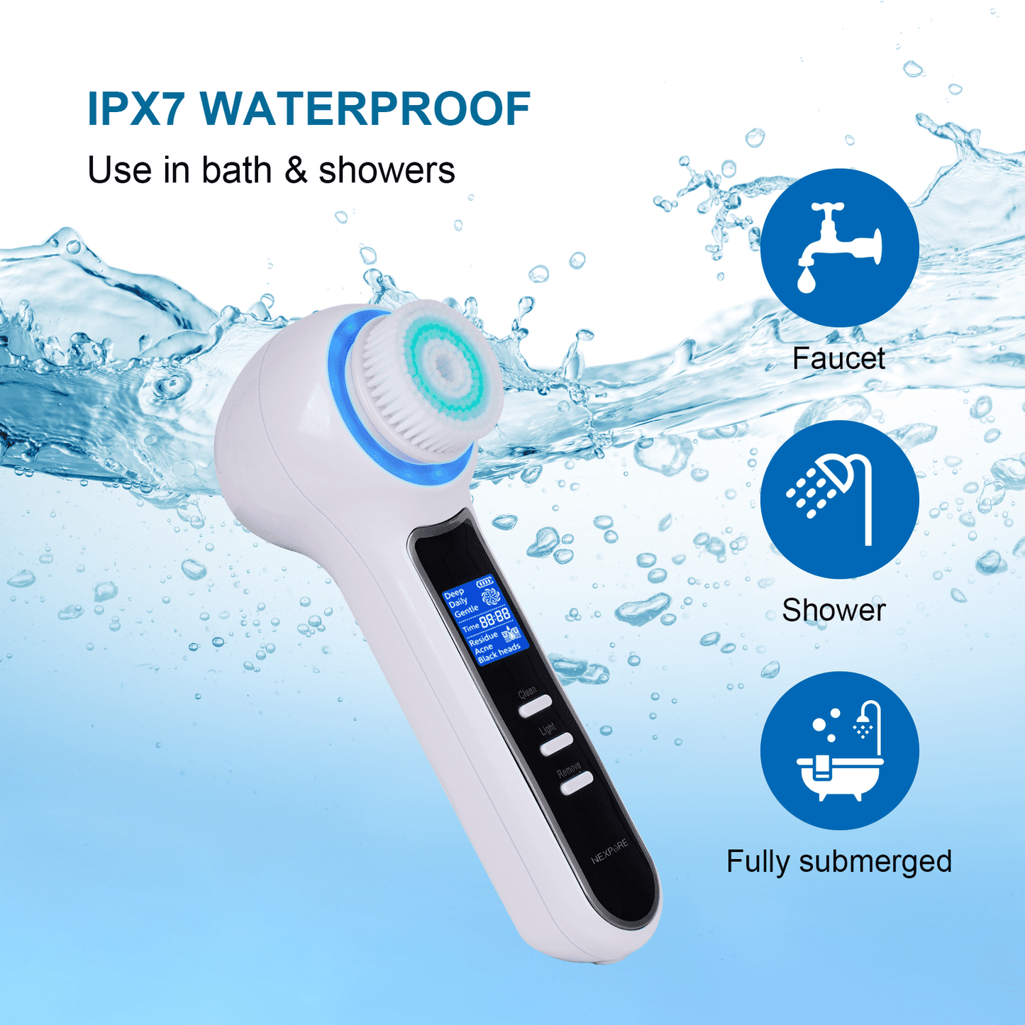NEXPURE Facial Cleansing Brush - IPX7 Waterproof with LCD Screen, Electric face scrubber for Exfoliation, Massage and Deep Cleansing