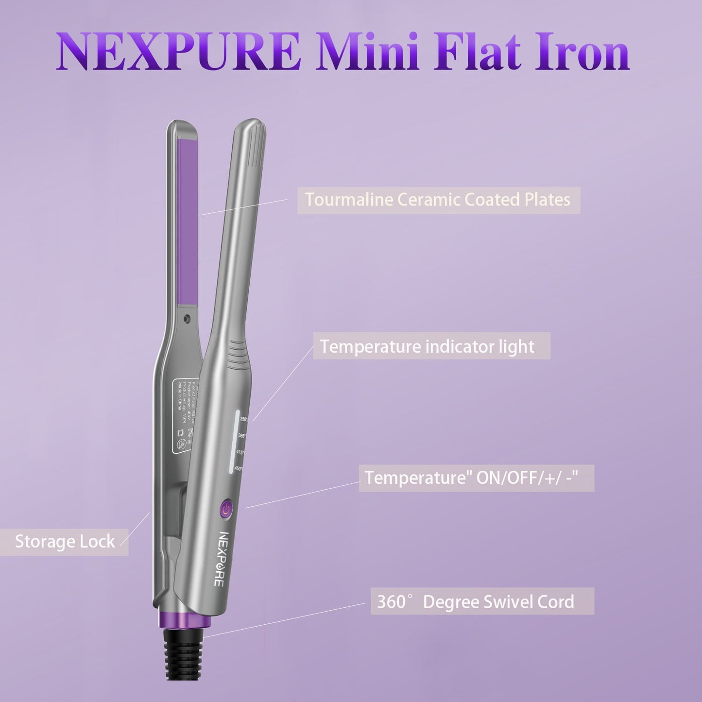 NEXPURE Mini Pencil Flat Iron with Ceramic Tourmaline, 2 in 1Hair Straightener for Pixie Cuts/Bang/Men's Hair - Travel Curling Iron, Purple
