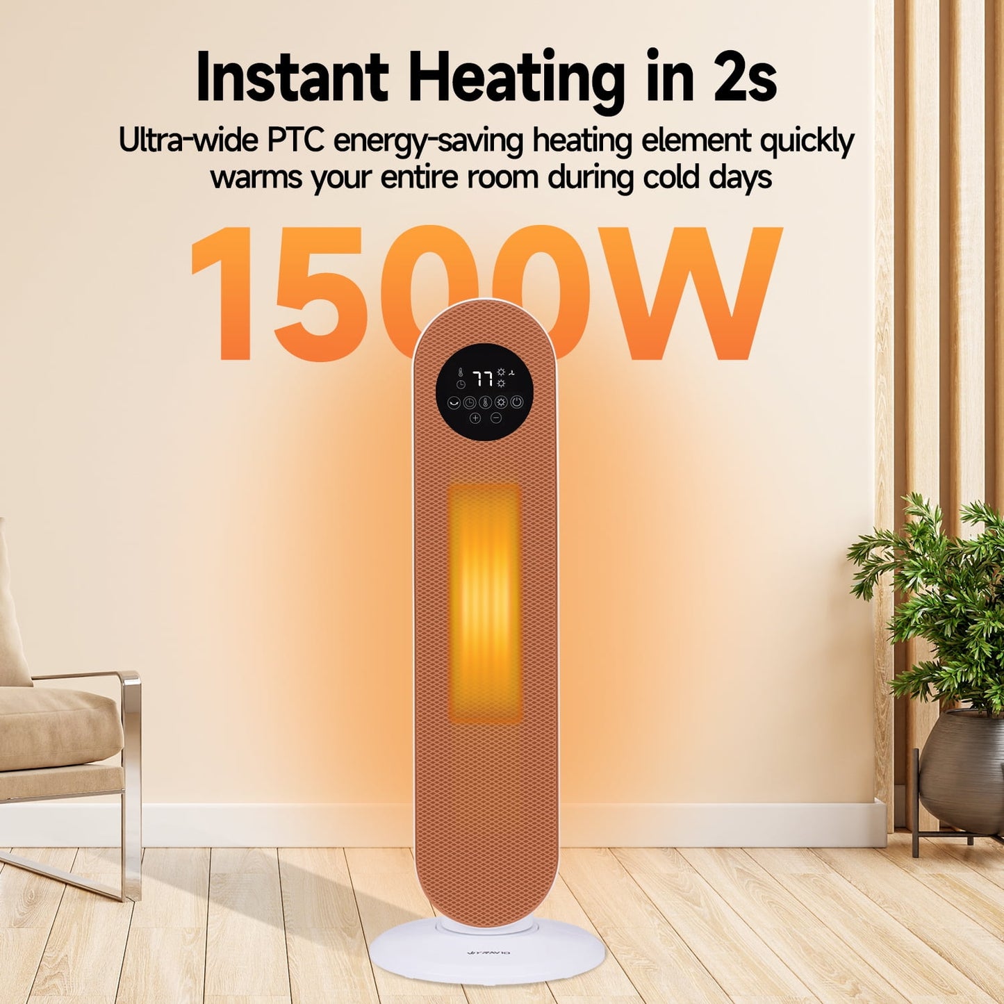 WYRAVIO 1500W Space Heaters for Indoor Use,80° Oscillating Portable Electric Heaters with Thermostat, Remote, 3 Modes,Fast Safety Heat,12H Timer, Overheat Protection, Heater for Bedroom Home Office