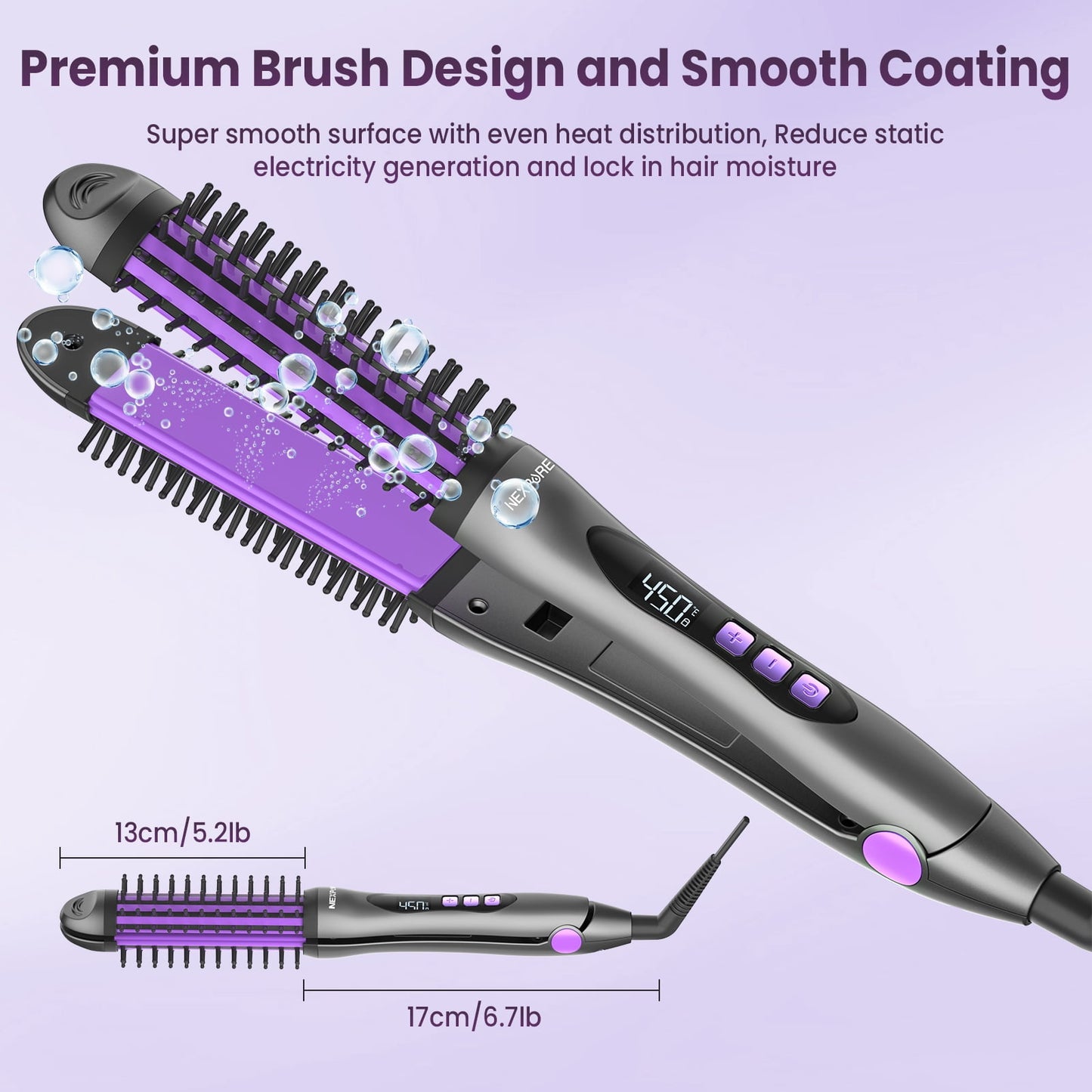 NEXPURE Curling Iron, Anti-Scald Curling Brush 30s Rapid Heating, 2 in 1 Flat Iron Hair Straightener & Curler, 11 Temperature Settings, Purple