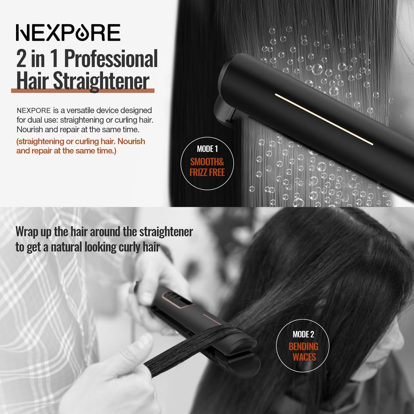 NEXPURE 1 inch Flat Iron, 2 in 1 Hair Straightener & Curling Iron Styling Tool, Fast Heat-Up, Black