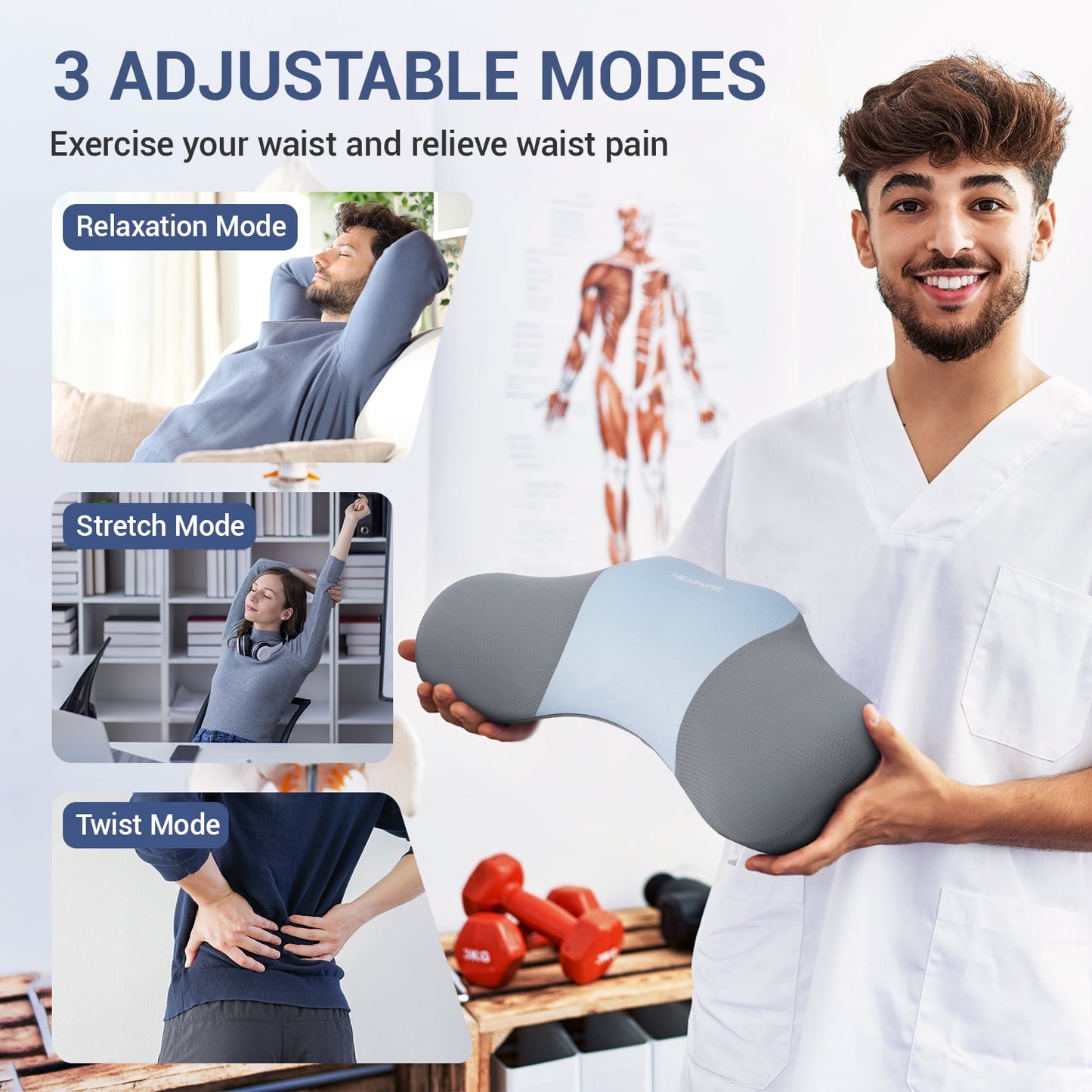 NEXPURE Lumbar Massage, Waist Massager Pillow for Men Women Gifts, Home Office Sleep, Blue