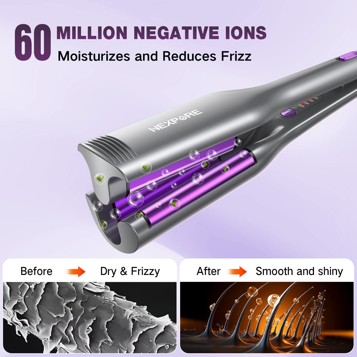 Curling Iron Hair Curler Waver, NEXPURE Crimper Hair Tool, Ionic Deep Waver Curling Wand with Ceramic 3 Barrel for Women, Anti-Scald, Purple, 1.25 Inch
