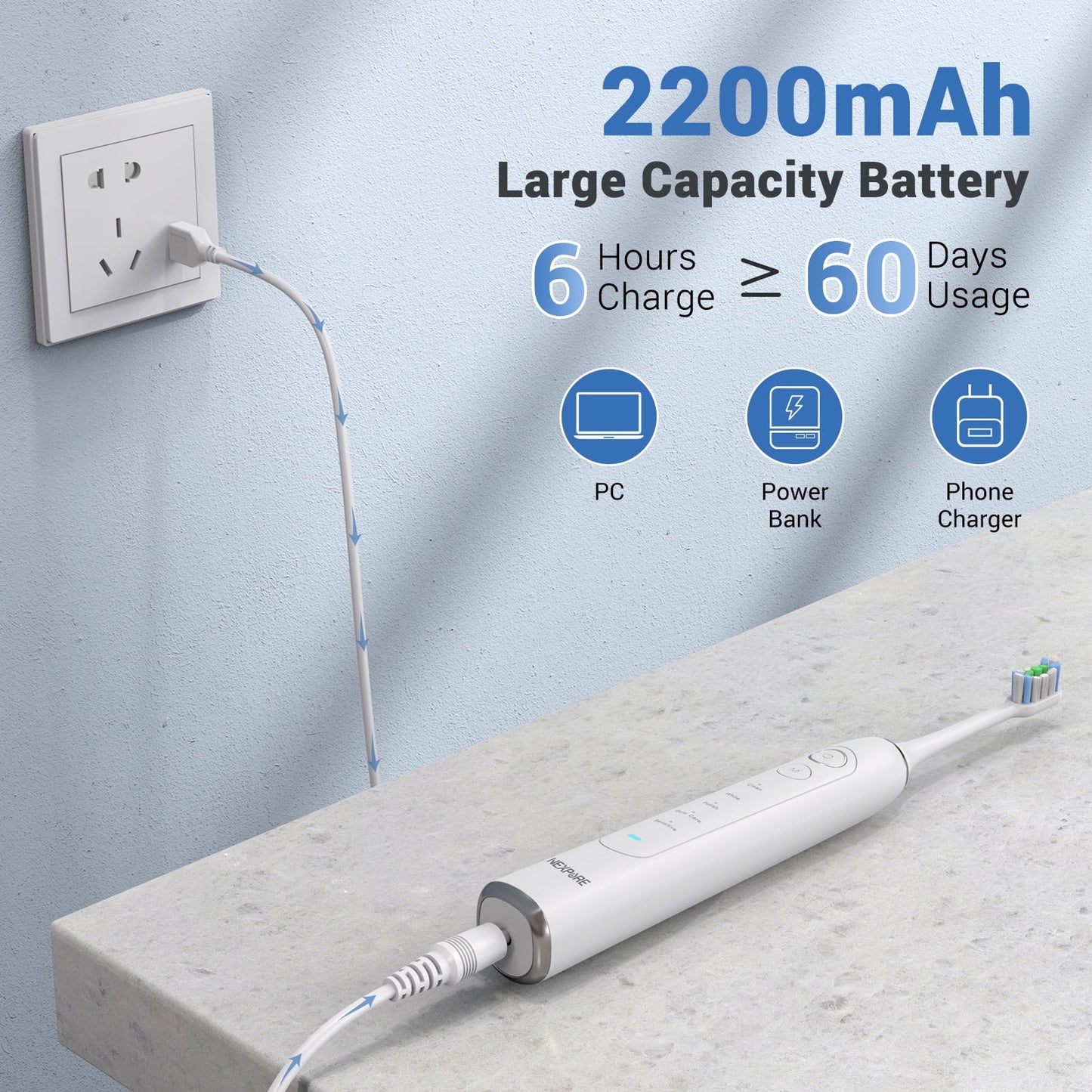 NEXPURE Sonic Electric Toothbrush for Adults and Kids, 5 Modes, 48,000 VPM, Smart Timer, Fast Charging, 60-Day Battery, 4 Brush Heads, White