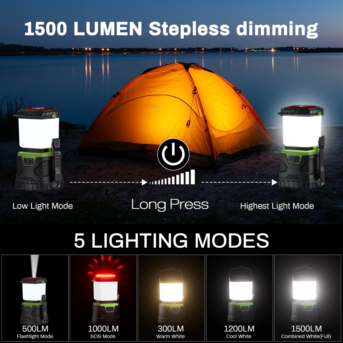 SUNOYAR Camping Lantern Rechargeable, 1500LM 4400mAh Camping Lights with 5 Light Modes & USB Cable, IP44 Waterproof Flashlight for Power Outages, Hurricane Emergency, Hiking, Green