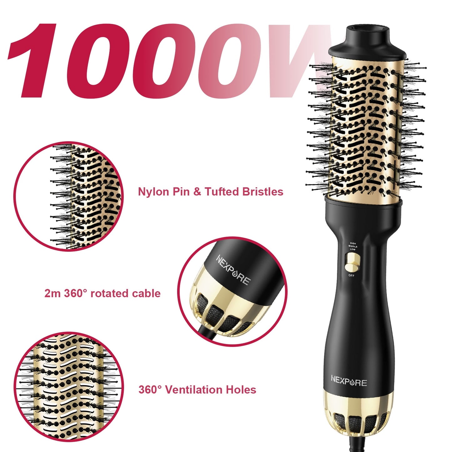 NEXPURE Hair Dryer Brush, 4 in 1 Blow Dryer Brush with Negative Ion Anti-Frizz Ceramic Titanium Barrel Hot Air Brush for Hair Styling