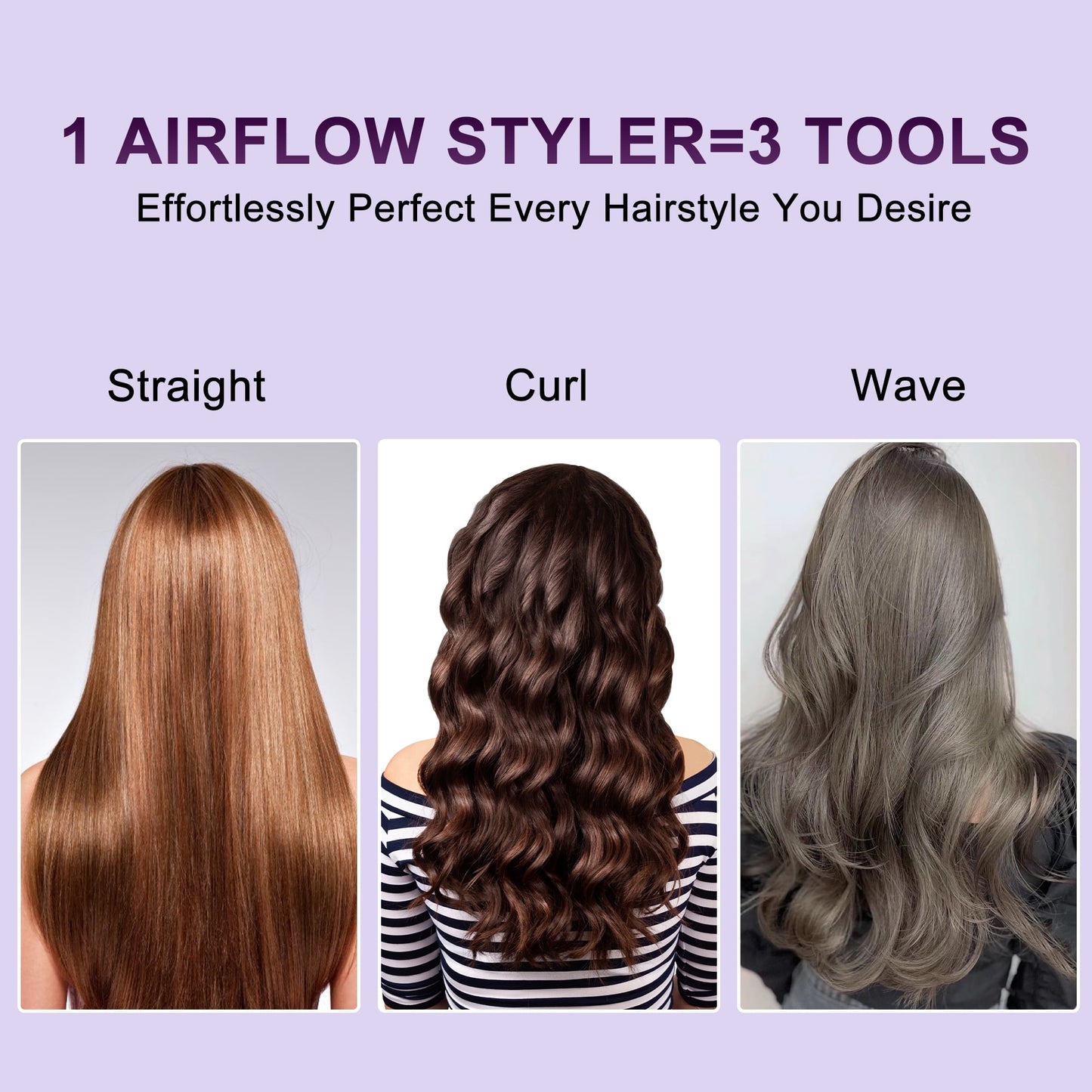 NEXPURE Airflow Styler Curling Iron, Flat Iron Hair Straightener and Curler 2 in 1, Ionic Curling Wand with 360°Cool Air Lock in Style,5 Temps & Anti-Scald, Purple