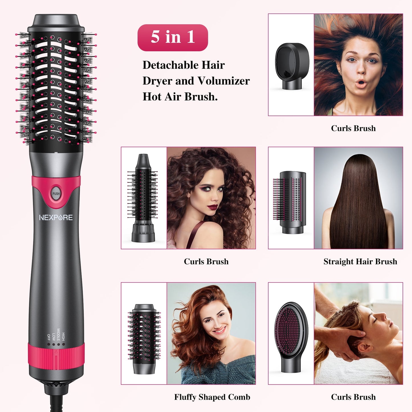 NEXPURE Hair Dryer Brush Set, 1" 5 in 1 Hot Air Brush, Drying, Volumizer Hair Styling Tools, Gray