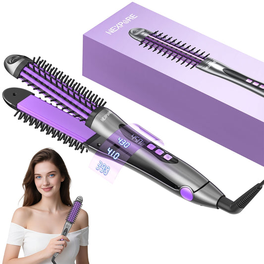 NEXPURE Curling Iron, Anti-Scald Curling Brush 30s Rapid Heating, 2 in 1 Flat Iron Hair Straightener & Curler, 11 Temperature Settings, Purple
