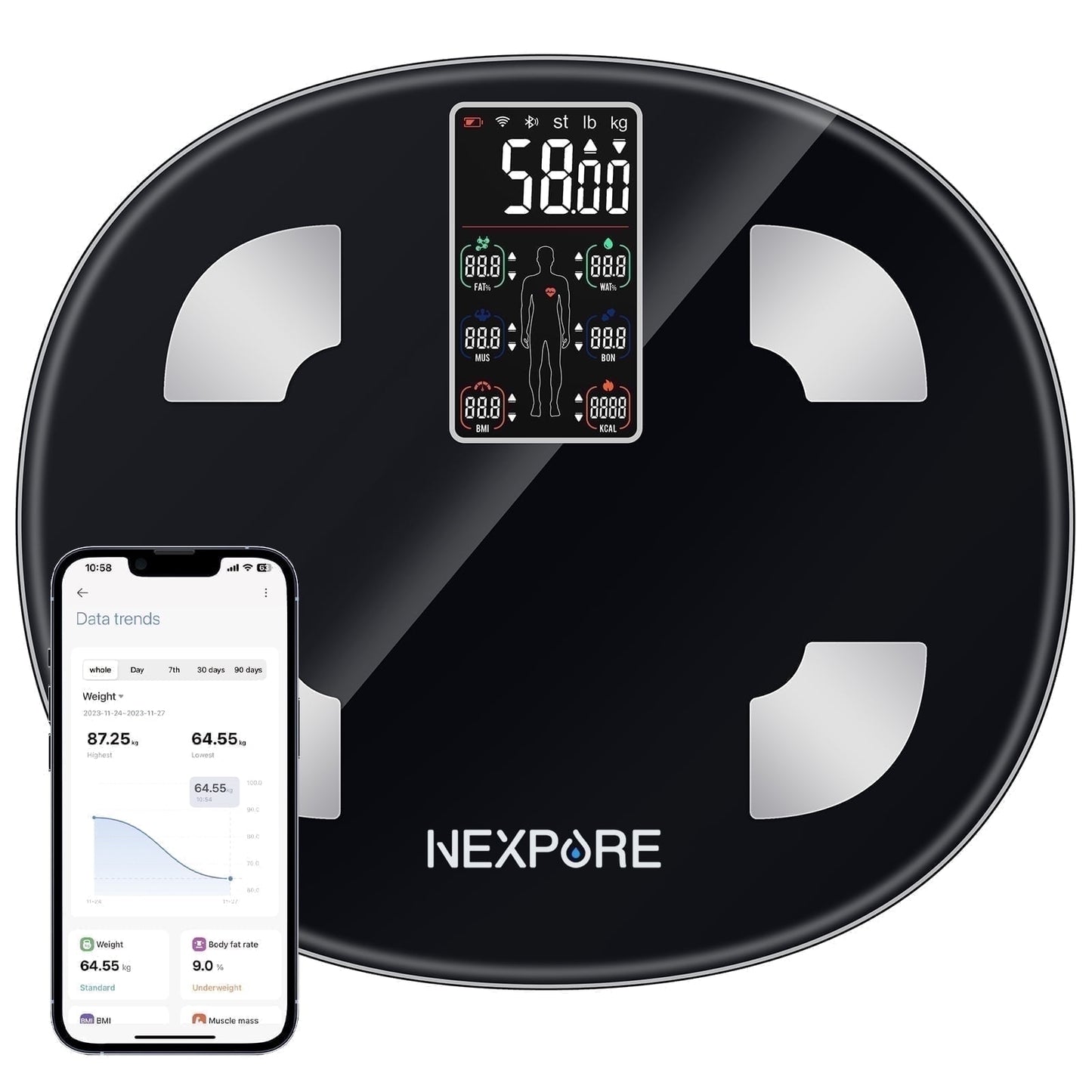 NEXPURE Digital Body Weight Scale, Smart Scale with 8-in-1 VA Display, BMI & 25 Health Metrics, 396 lbs, Black