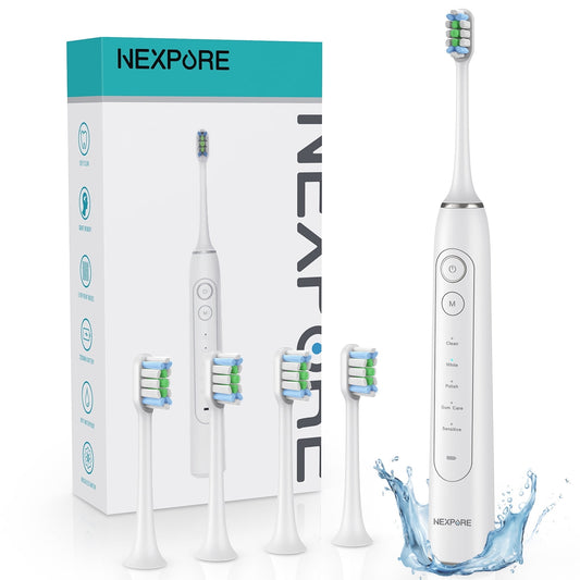 NEXPURE Sonic Electric Toothbrush for Adults and Kids, 5 Modes, 48,000 VPM, Smart Timer, Fast Charging, 60-Day Battery, 4 Brush Heads, White