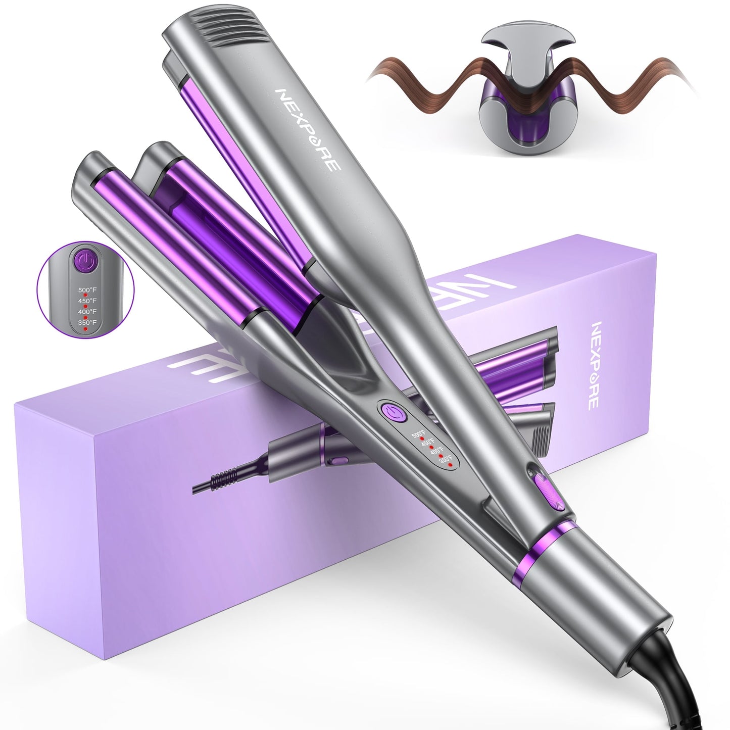 Curling Iron Hair Curler Waver, NEXPURE Crimper Hair Tool, Ionic Deep Waver Curling Wand with Ceramic 3 Barrel for Women, Anti-Scald, Purple, 1.25 Inch