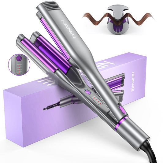 Curling Iron Hair Curler Waver, NEXPURE Crimper Hair Tool, Ionic Deep Waver Curling Wand with Ceramic 3 Barrel for Women, Anti-Scald, Purple, 1.25 Inch