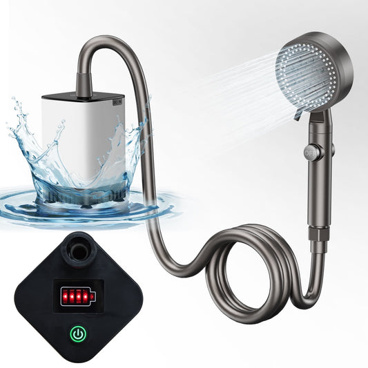 SUNOYAR Portable Camping Shower, 5200mAh Rechargeable Portable Shower Pump with Dry-Run Prevention & 6 Modes for Camping, Hiking, Travel, Beach, Washing, Pet Bath