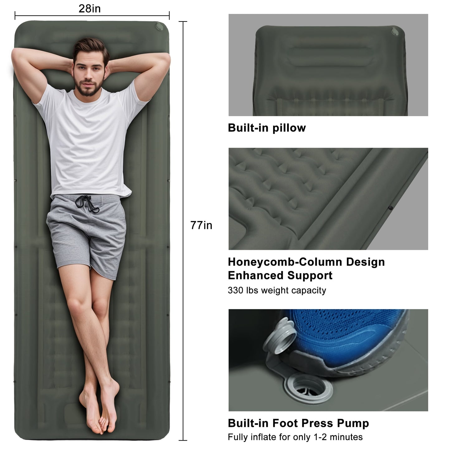 SUNOYAR Camping Sleeping Pad, Ultralight Camping Sleeping Mat with Pillow Built-in Foot Pump, Waterproof Inflatable Pad for Backpacking Hiking Traveling Tent, Gray
