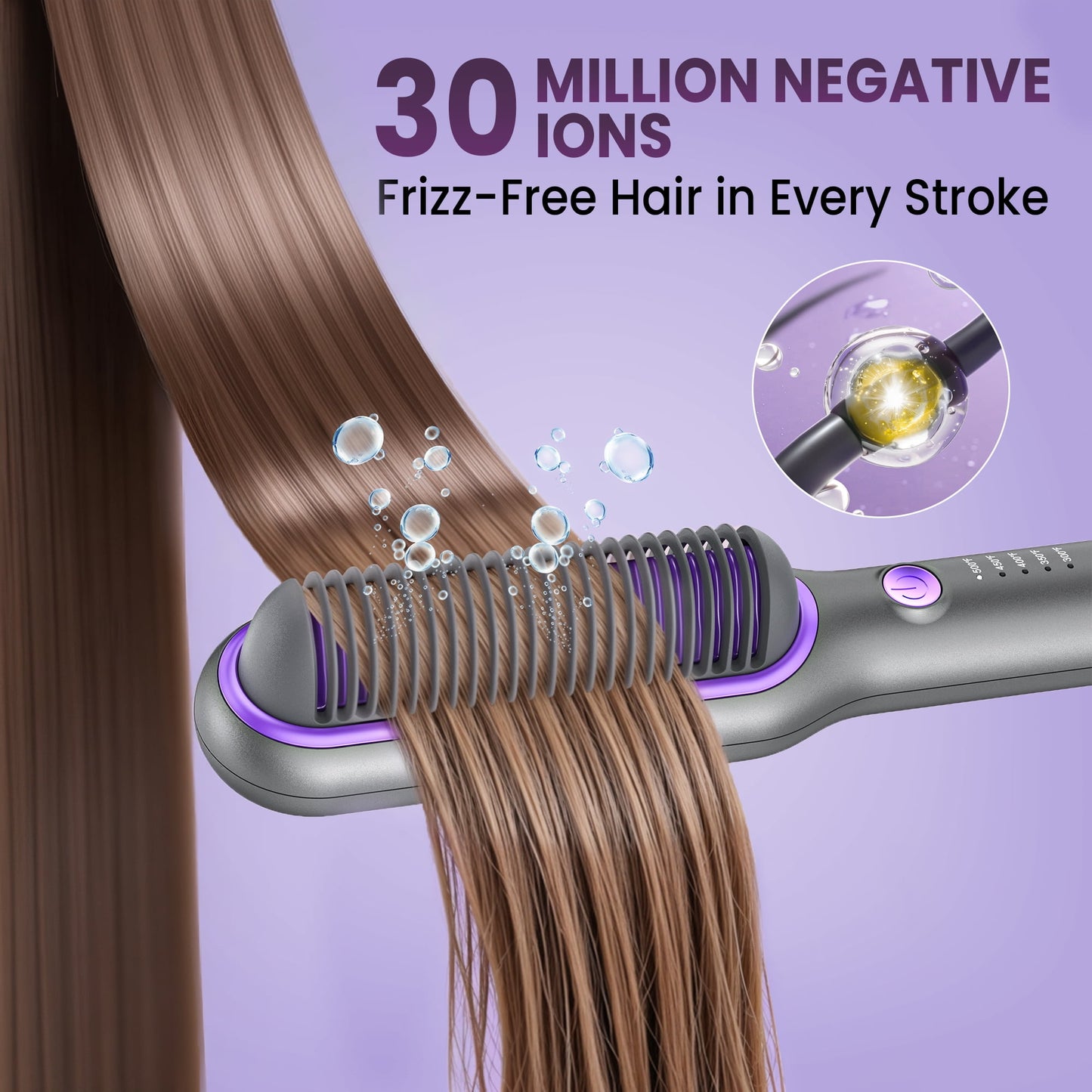 NEXPURE Hair Straightener Brush, Ionic Straightening Brush with 5 Temps, Anti-Scald Ceramic Hot Comb, Dual Voltage, Purple