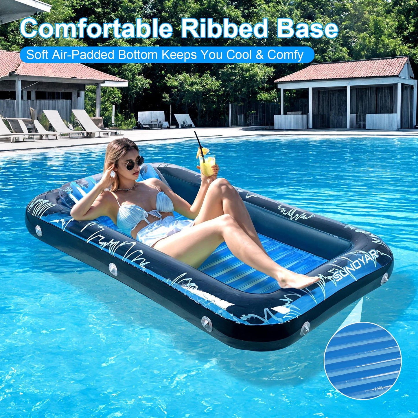 SUNOYAR Pool Floats Adult, 73" x 46" Inflatable Tanning Pool Lounger Float, Large Suntan Tub Sunbathing Raft for Adults & Kids with Pillow and Cup Holder, Blue
