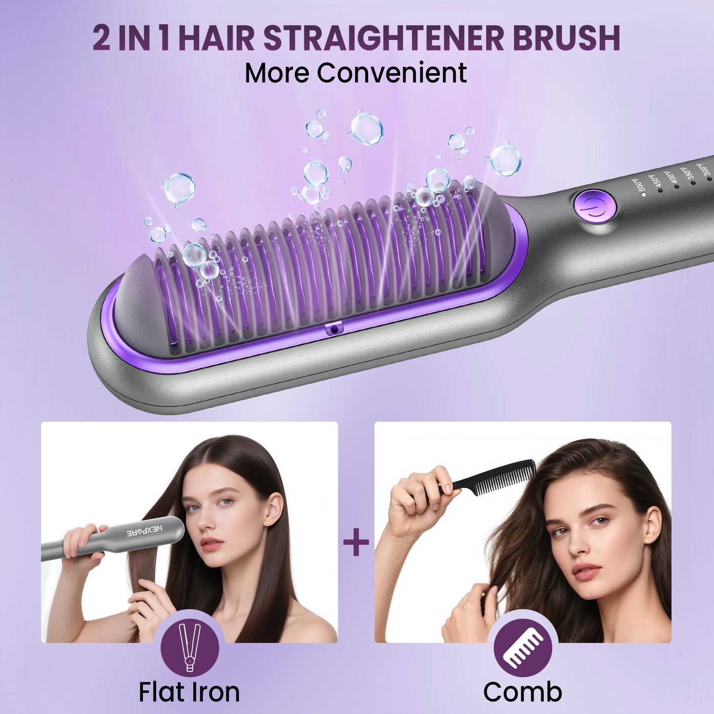 NEXPURE Hair Straightener Brush, Ionic Straightening Brush with 5 Temps, Anti-Scald Ceramic Hot Comb, Dual Voltage, Purple
