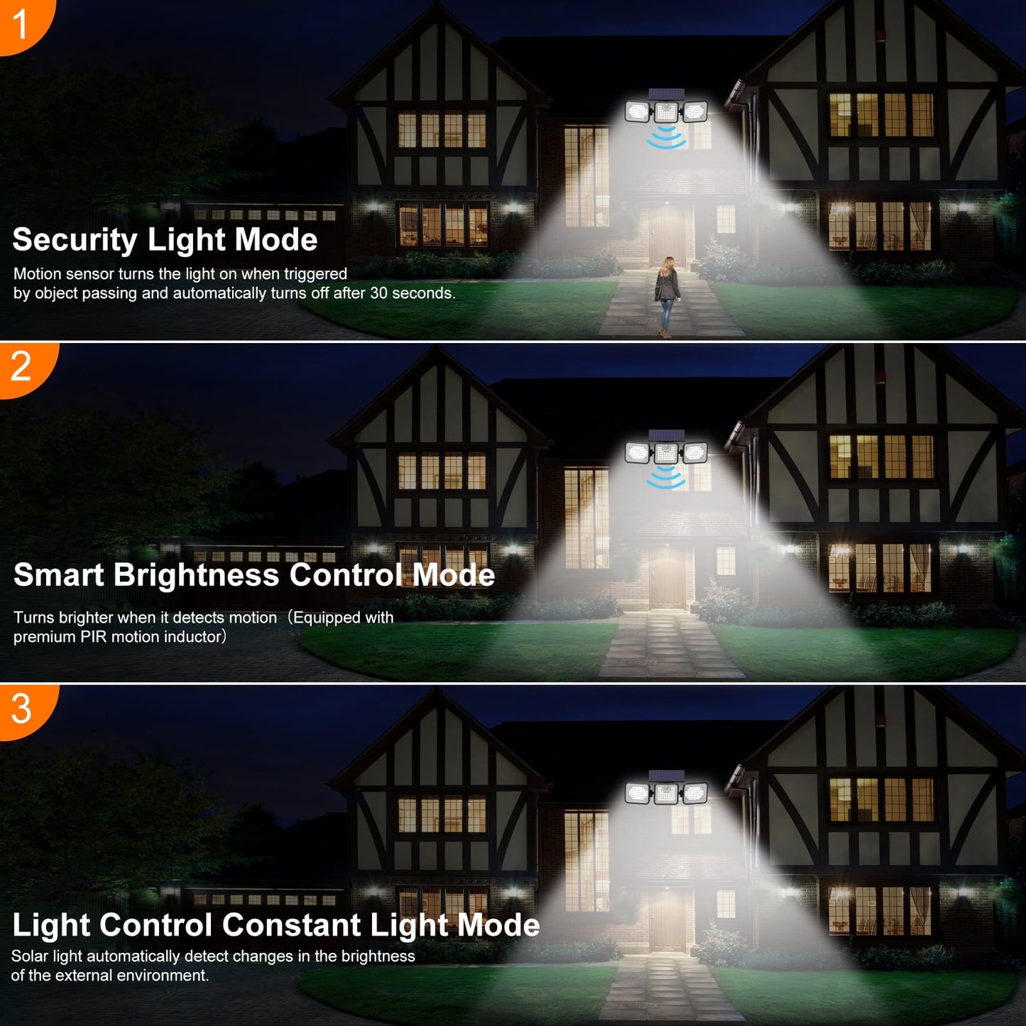 SUNOYAR Solar Lights Outdoor, 2500LM 3 Heads Motion Sensor Lights, IP65 Waterproof, 270° Wide Angle Solar Powered Security Lights for Garage Yard(2packs)