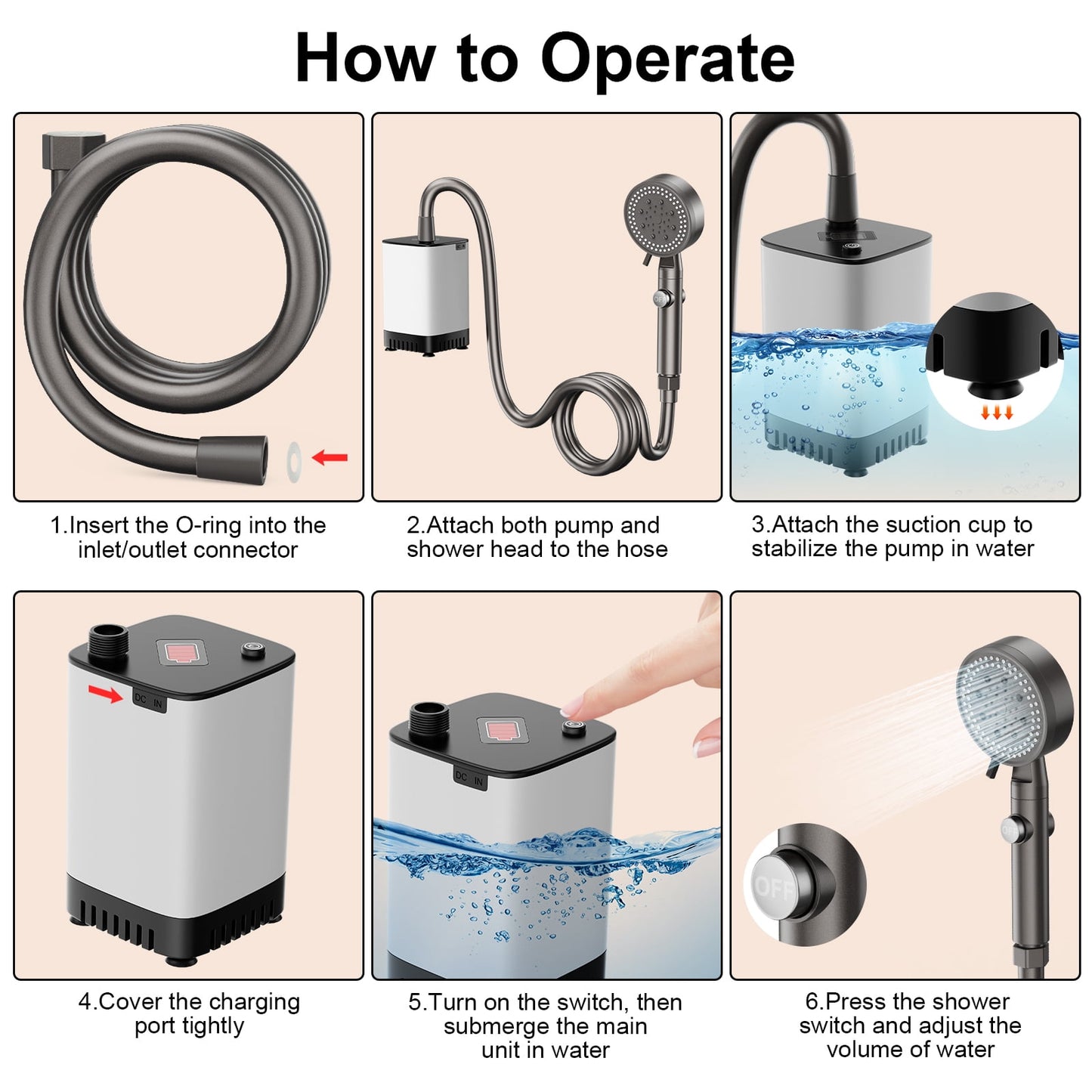 SUNOYAR Portable Camping Shower, 5200mAh Rechargeable Portable Shower Pump with Dry-Run Prevention & 6 Modes for Camping, Hiking, Travel, Beach, Washing, Pet Bath