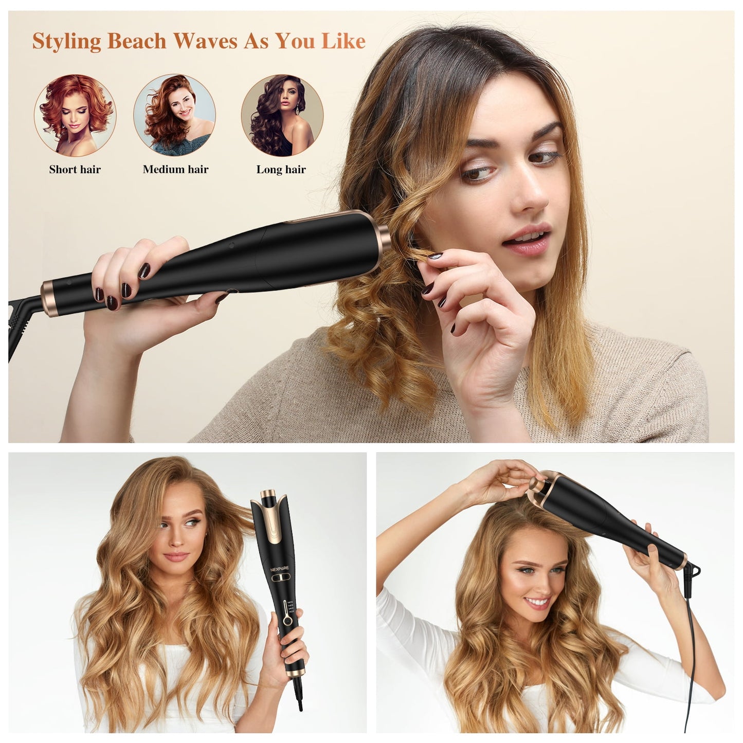 NEXPURE Curling Iron, Professional Automatic Hair Curler with 1" Large Rotating Barrel, Gold