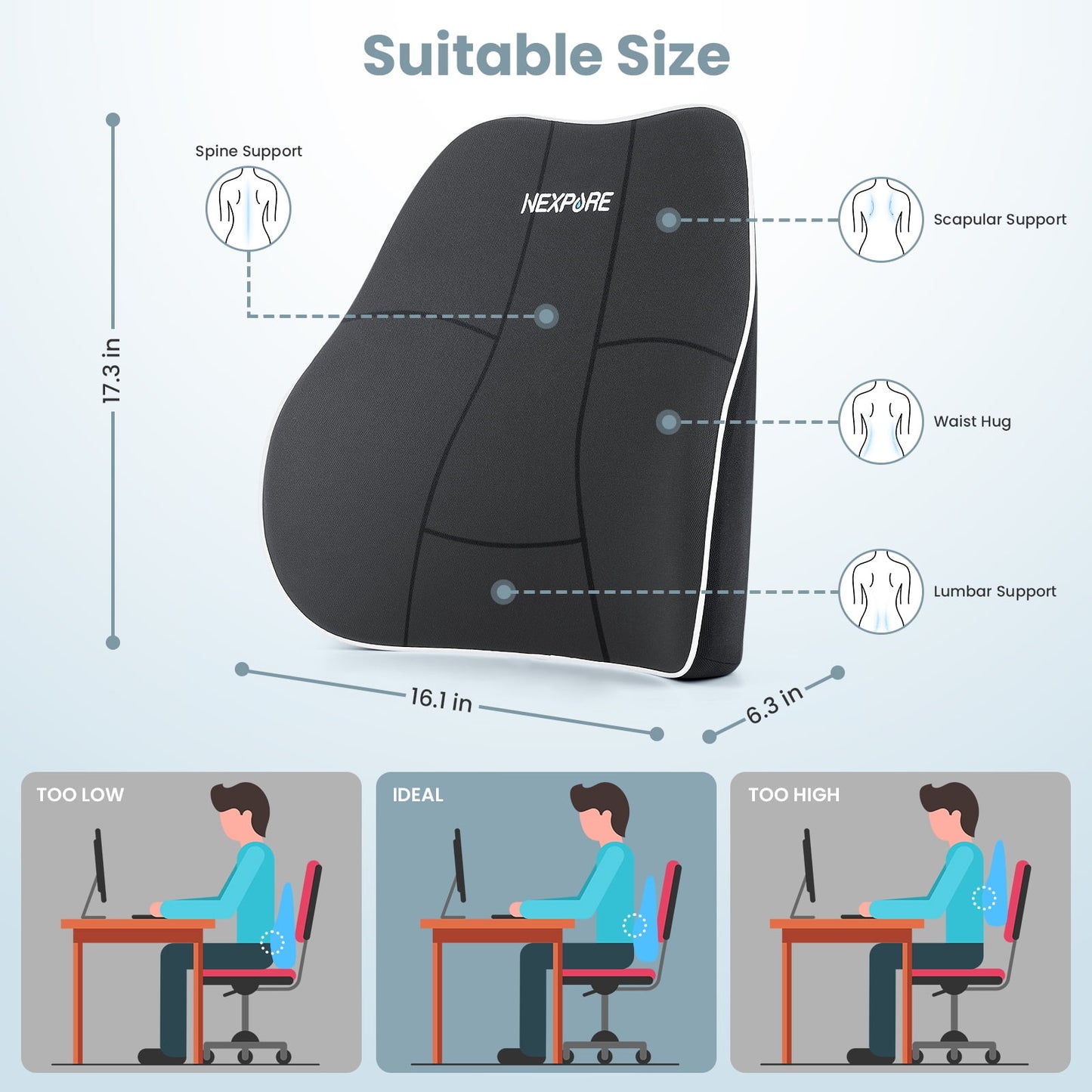 NEXPURE Lumbar Support Pillow, Soft Comfort Back Support Pillow for Office Chair, Car, Sofa - Black