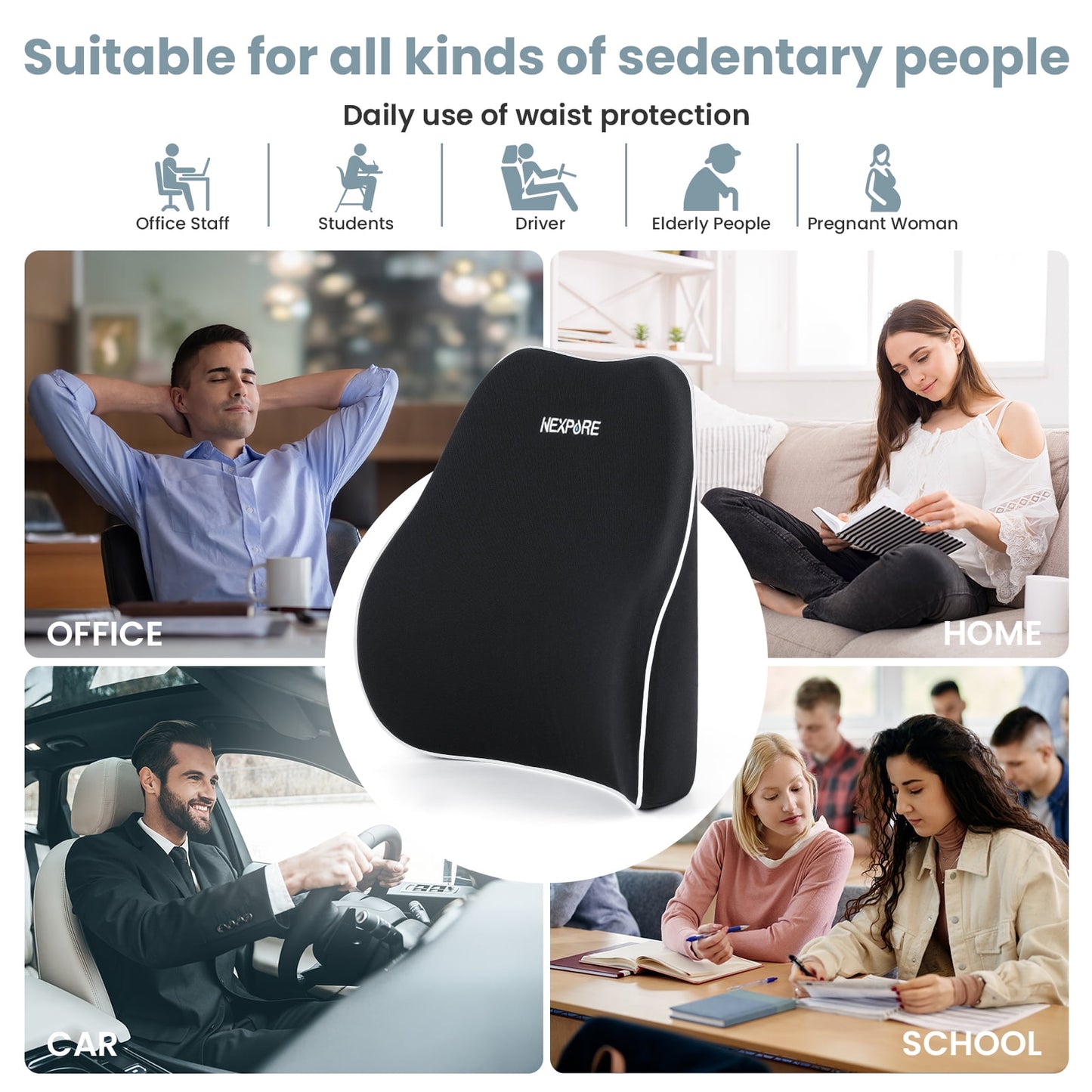 NEXPURE Lumbar Support Pillow, Soft Comfort Back Support Pillow for Office Chair, Car, Sofa - Black